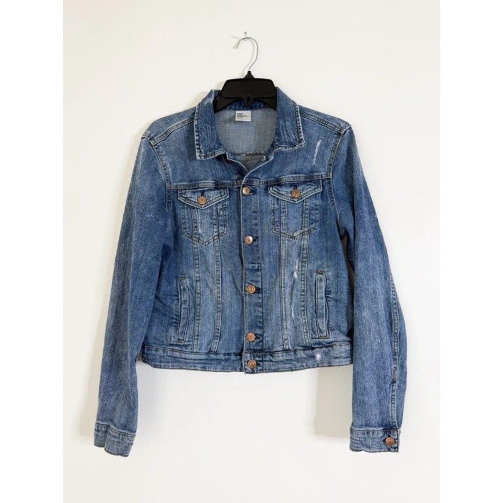 H&M Women’s Denim Jacket Size 10 Distressed Medium Wash Jean Trucker